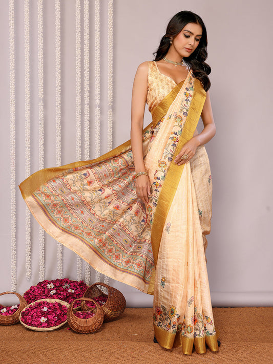 Janasya Beige Chanderi Silk Floral Printed Saree | Swadesiicart