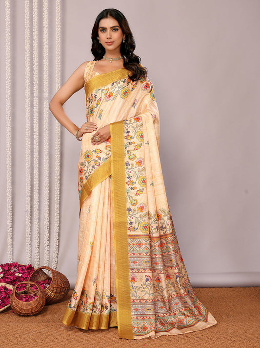 Janasya Beige Chanderi Silk Floral Printed Saree | Swadesiicart