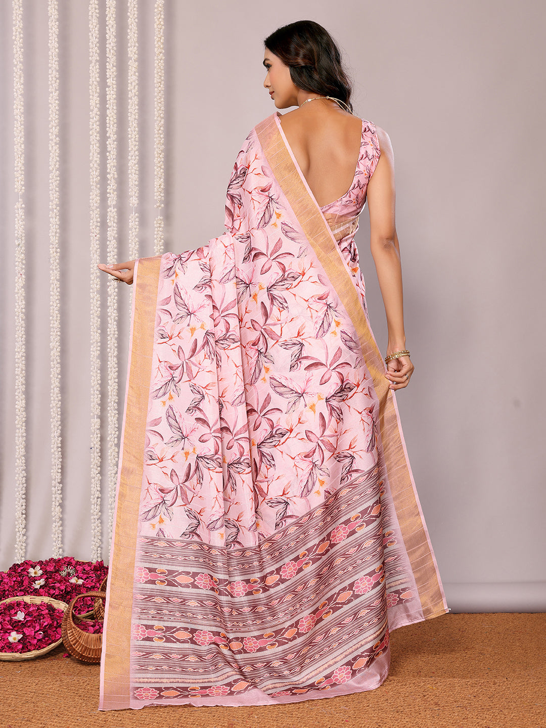 Janasya Light Pink Chanderi Silk Floral Printed Saree | Swadesiicart