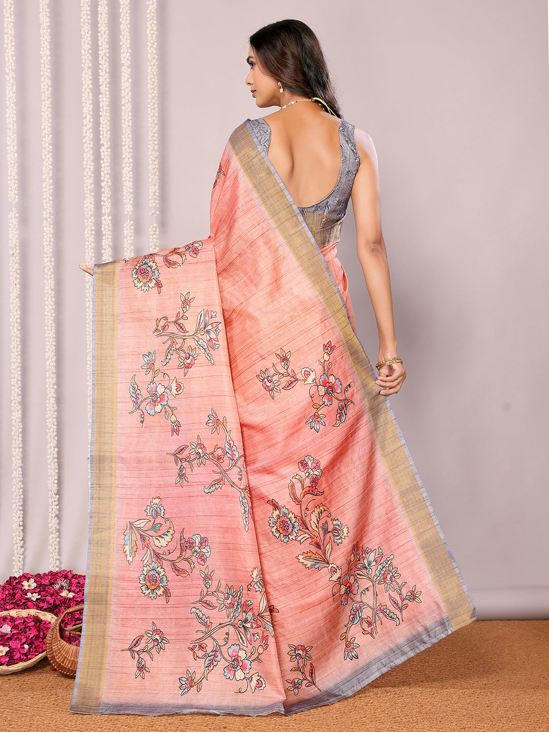 Janasya Peach Chanderi Silk Floral Printed Saree | Swadesiicart