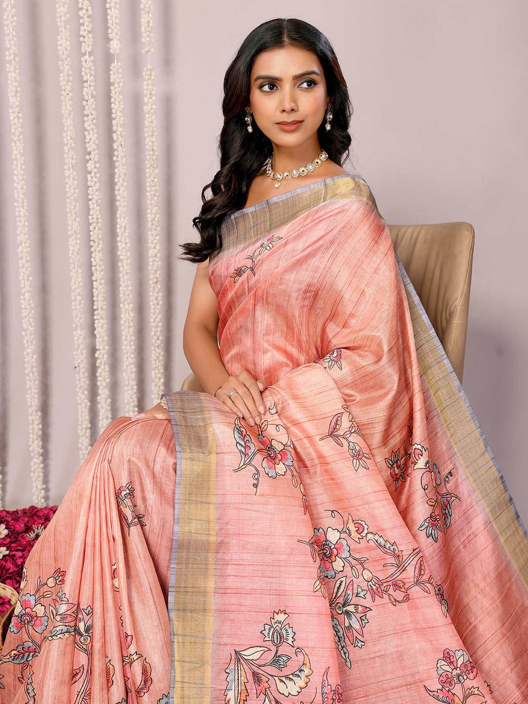 Janasya Peach Chanderi Silk Floral Printed Saree | Swadesiicart