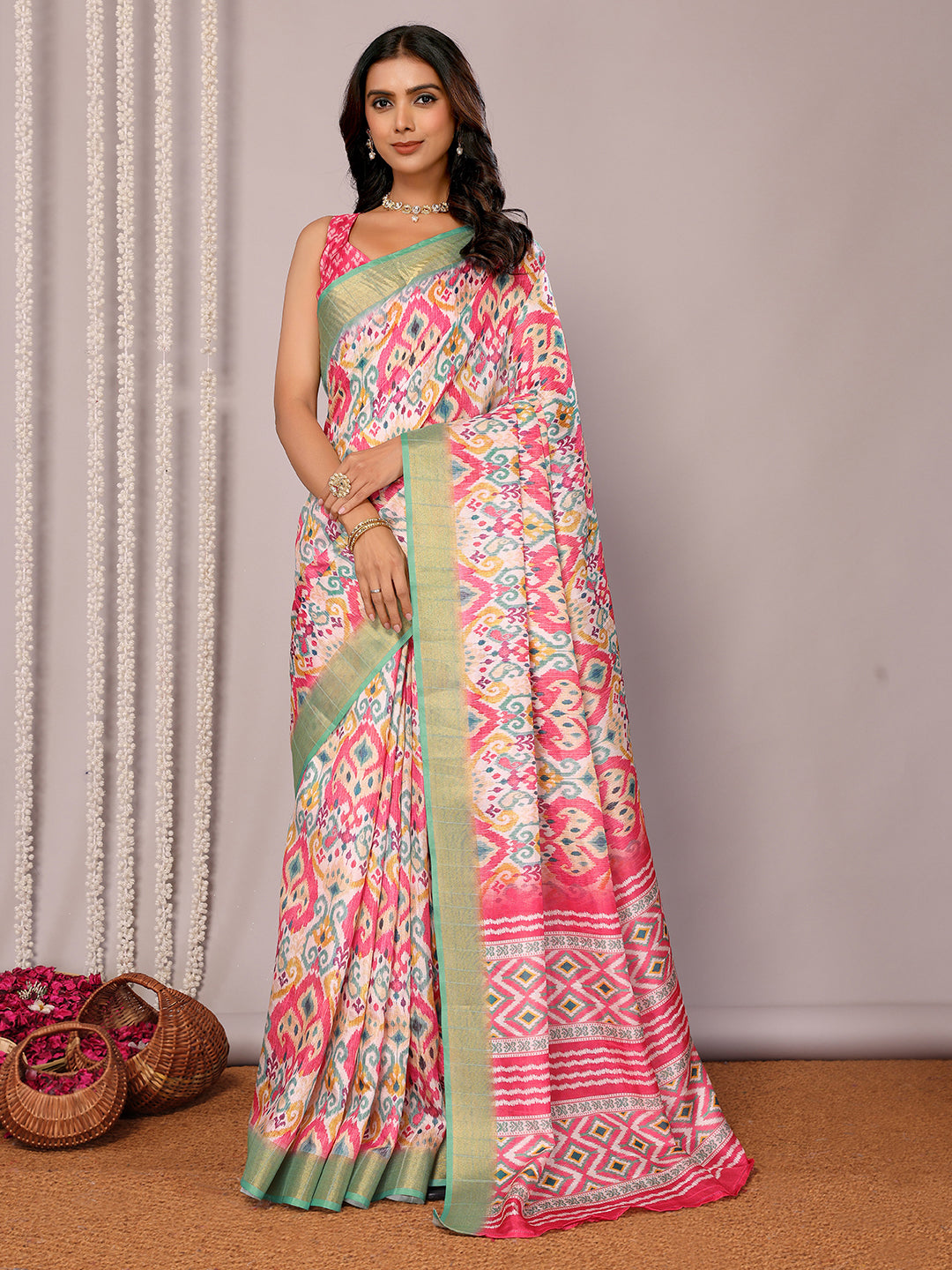 Janasya Pink Chanderi Silk Ikkat Printed Saree | Swadesiicart