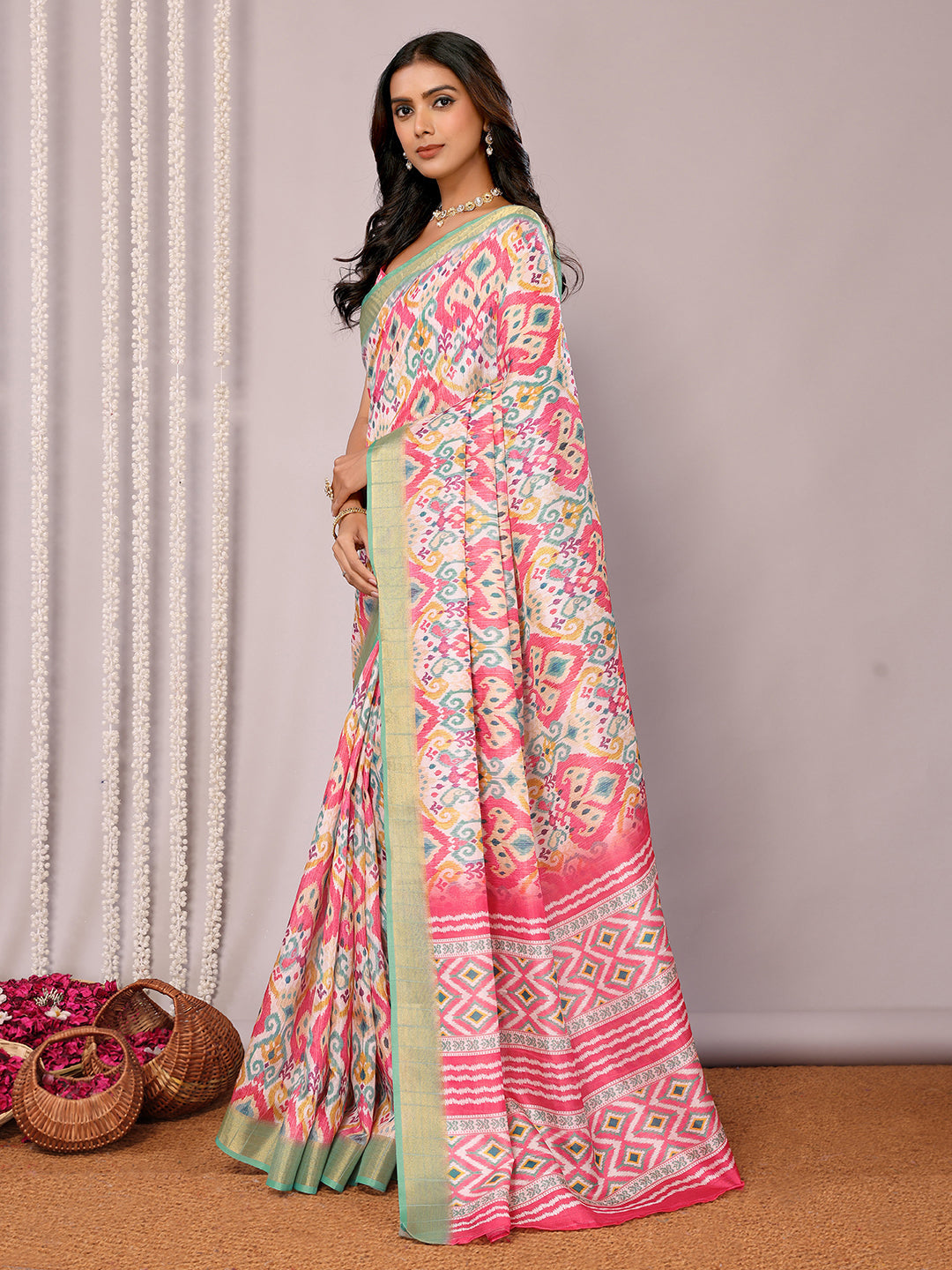 Janasya Pink Chanderi Silk Ikkat Printed Saree | Swadesiicart