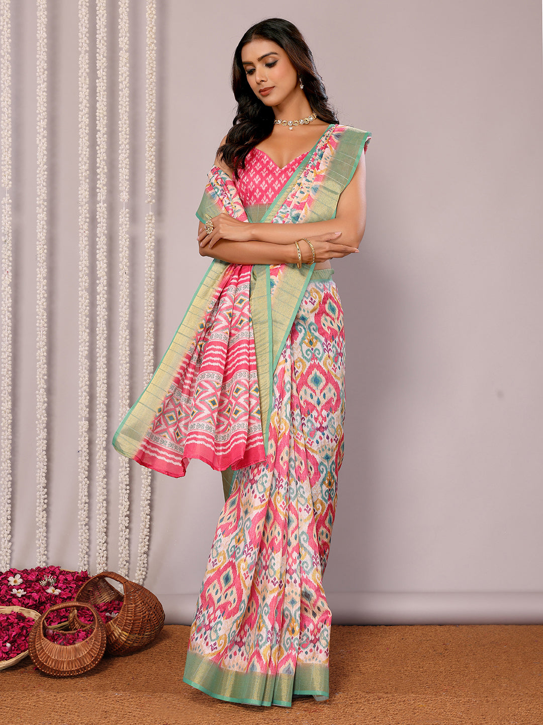 Janasya Pink Chanderi Silk Ikkat Printed Saree | Swadesiicart