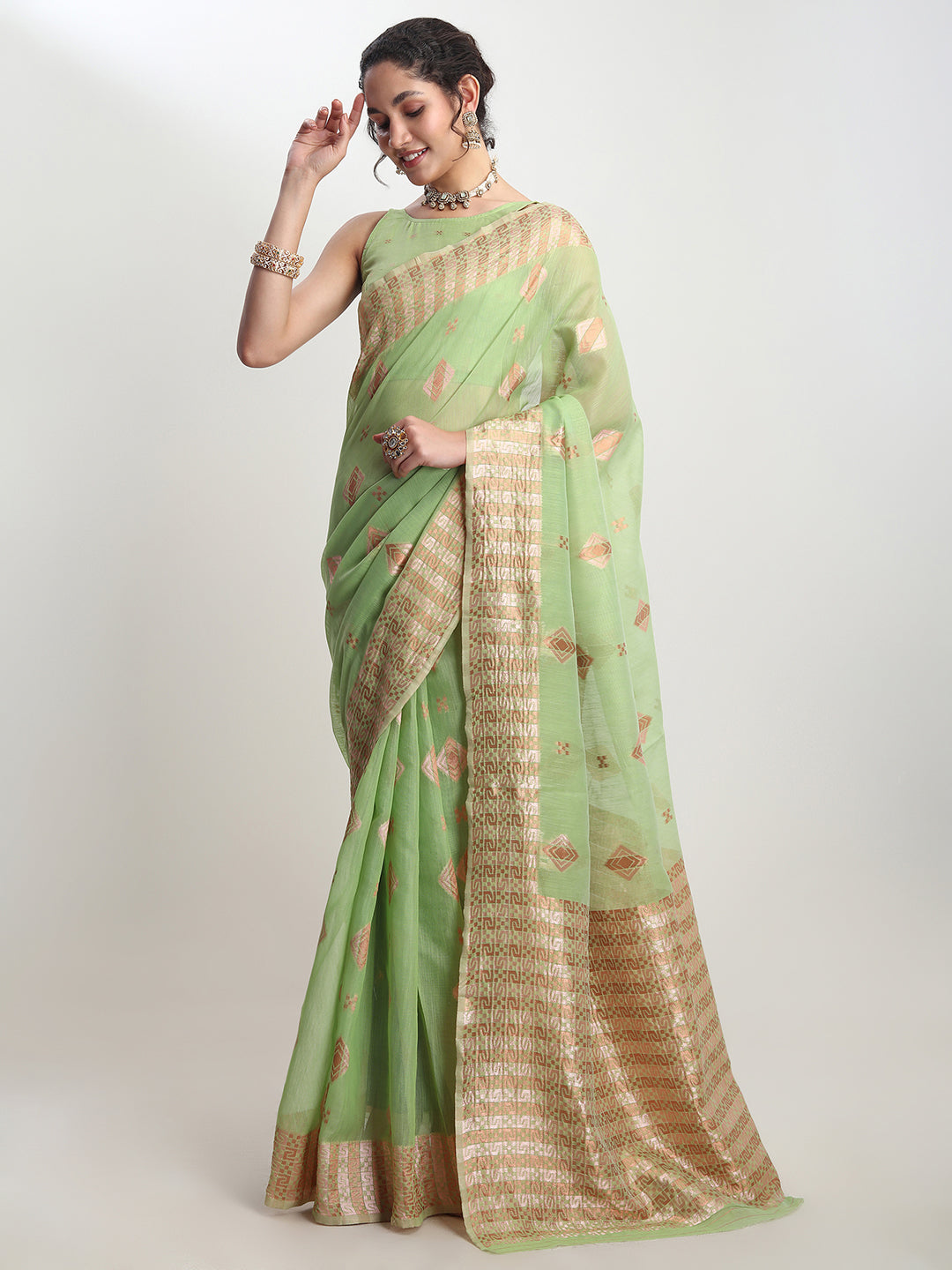 Janasya Green Linen Blend Geometric Jacquard Saree | Swadesiicart