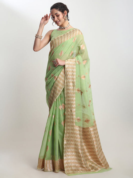 Janasya Green Linen Blend Geometric Jacquard Saree | Swadesiicart