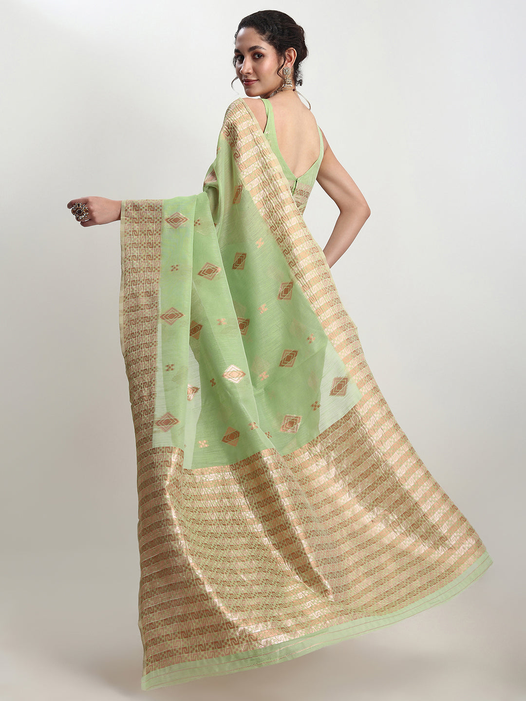Janasya Green Linen Blend Geometric Jacquard Saree | Swadesiicart