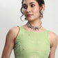 Janasya Green Linen Blend Geometric Jacquard Saree | Swadesiicart