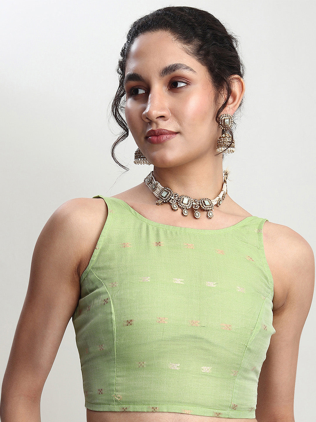 Janasya Green Linen Blend Geometric Jacquard Saree | Swadesiicart