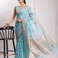 Janasya Sky Blue Linen Blend Geometric Jacquard Saree | Swadesiicart