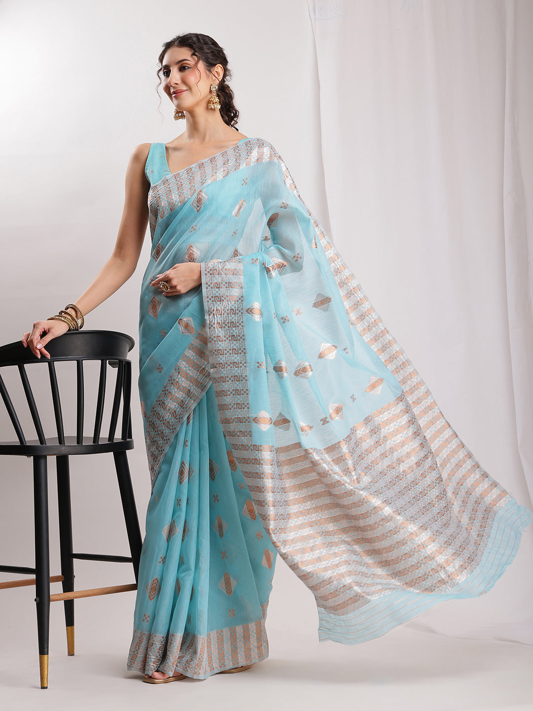 Janasya Sky Blue Linen Blend Geometric Jacquard Saree | Swadesiicart