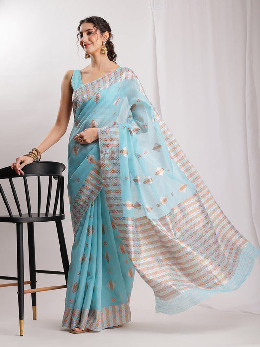 Janasya Sky Blue Linen Blend Geometric Jacquard Saree | Swadesiicart
