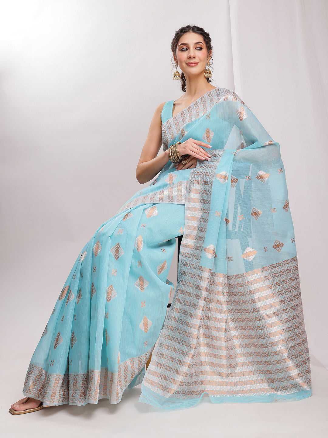 Janasya Sky Blue Linen Blend Geometric Jacquard Saree | Swadesiicart