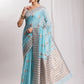 Janasya Sky Blue Linen Blend Geometric Jacquard Saree | Swadesiicart