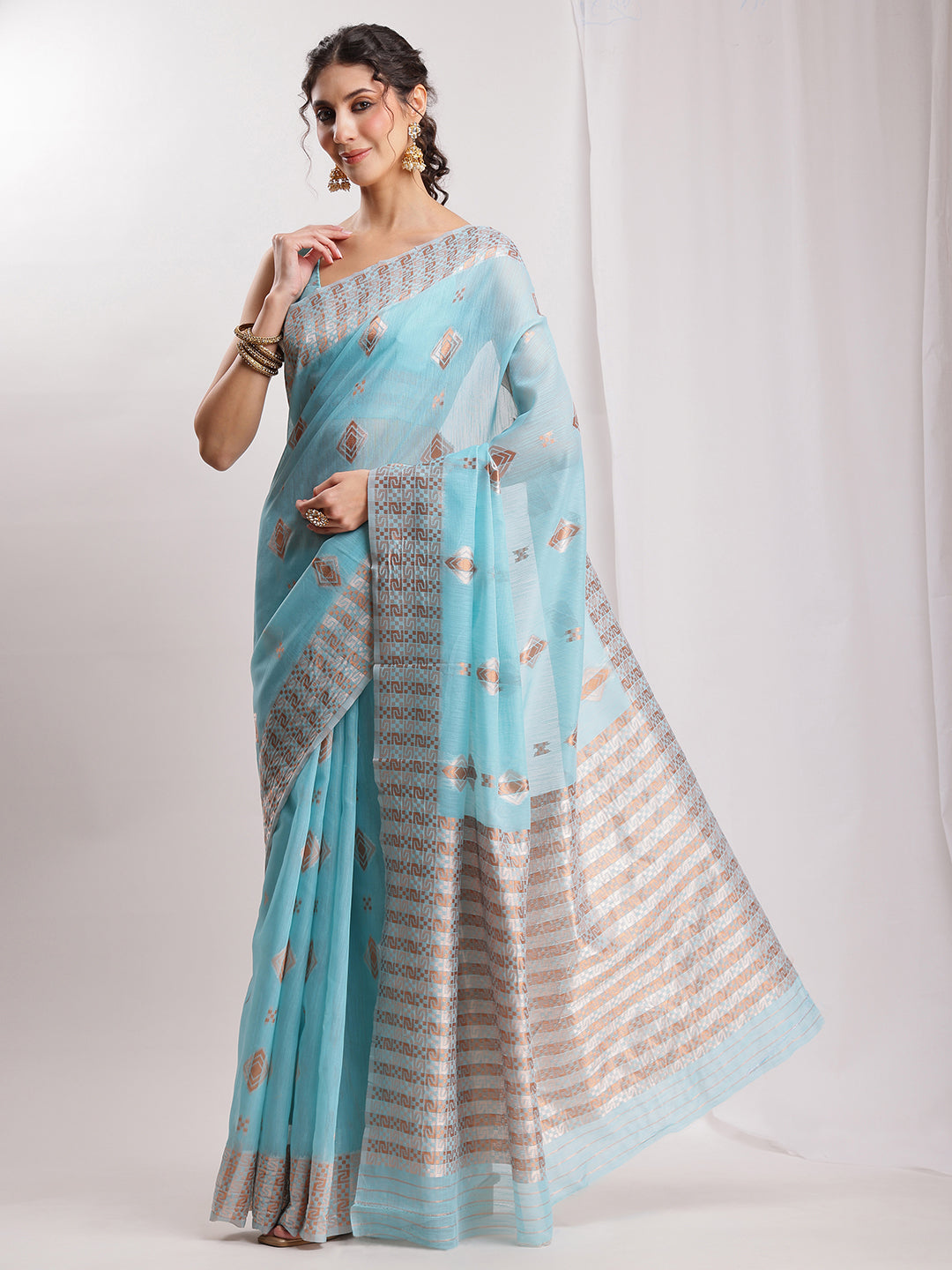 Janasya Sky Blue Linen Blend Geometric Jacquard Saree | Swadesiicart