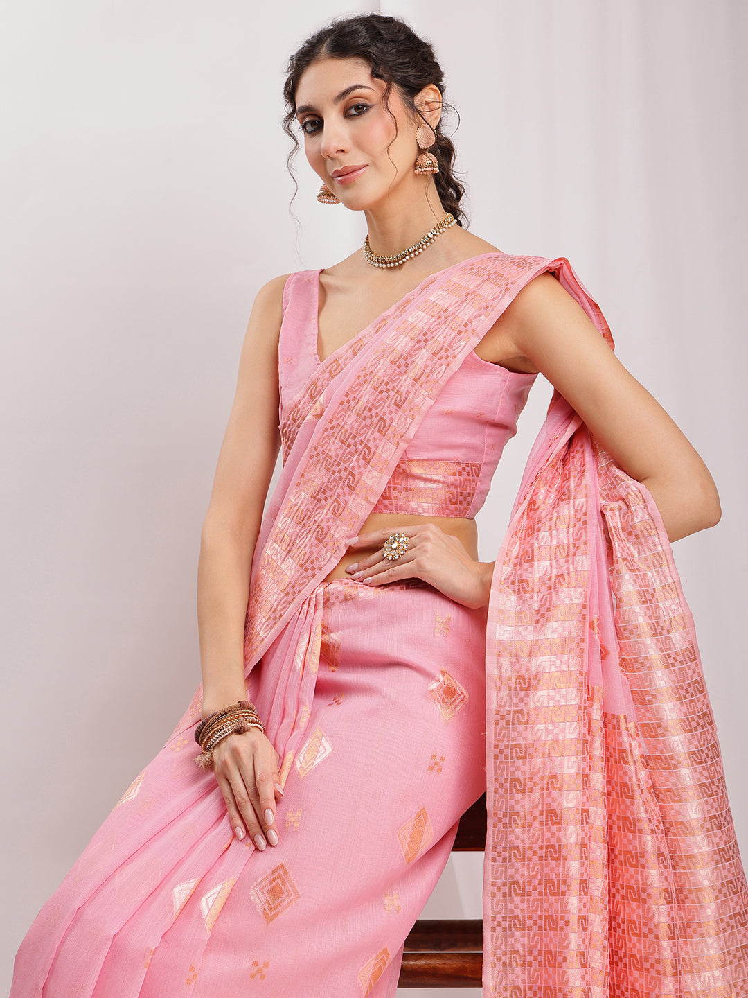 Janasya Pink Linen Blend Geometric Jacquard Saree | Swadesiicart