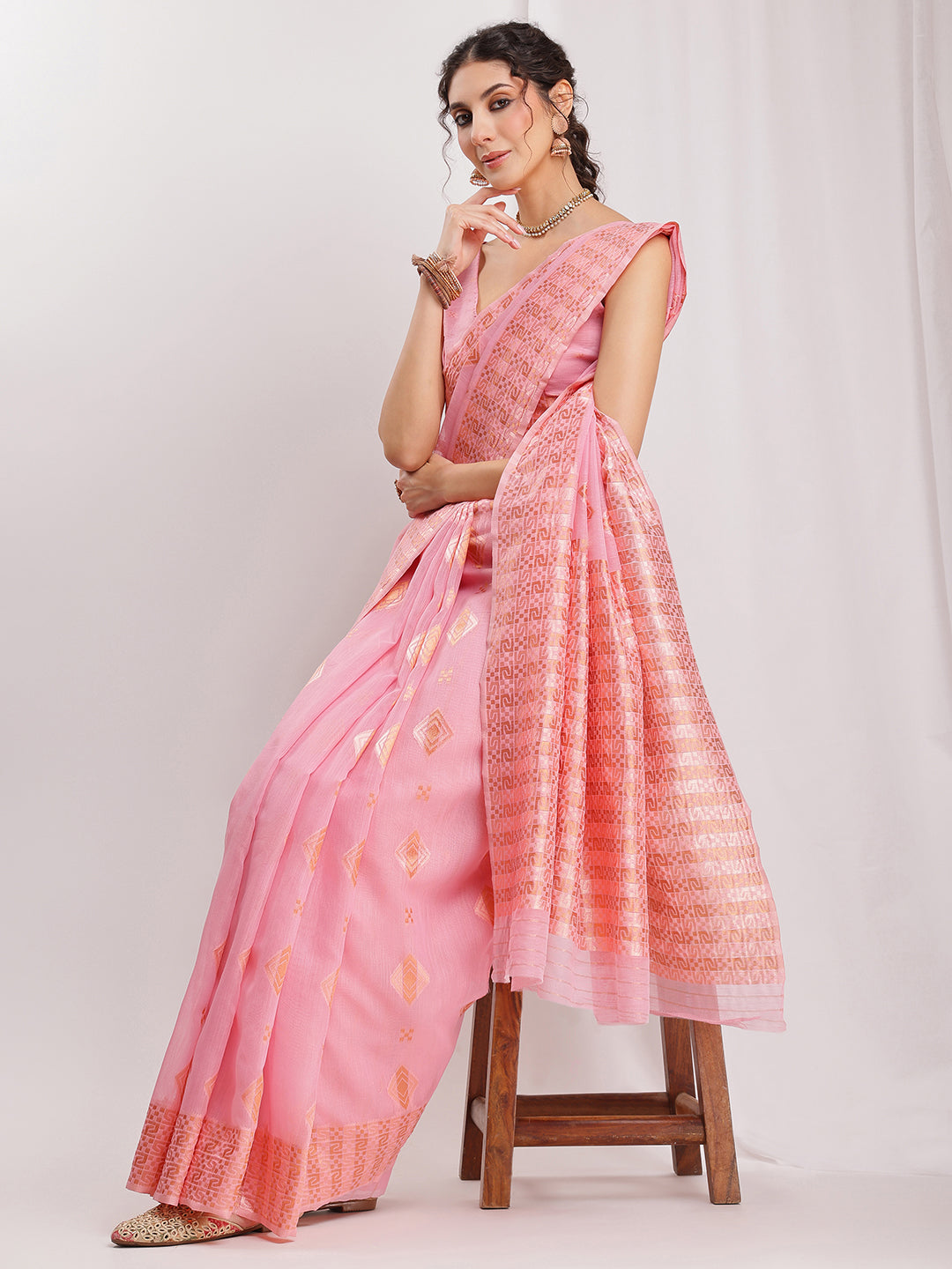 Janasya Pink Linen Blend Geometric Jacquard Saree | Swadesiicart