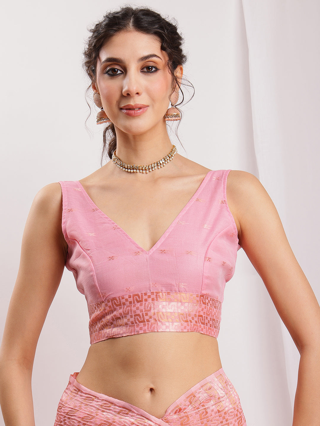 Janasya Pink Linen Blend Geometric Jacquard Saree | Swadesiicart
