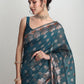 Janasya Teal Blue Linen Blend Floral Jacquard Saree | Swadesiicart
