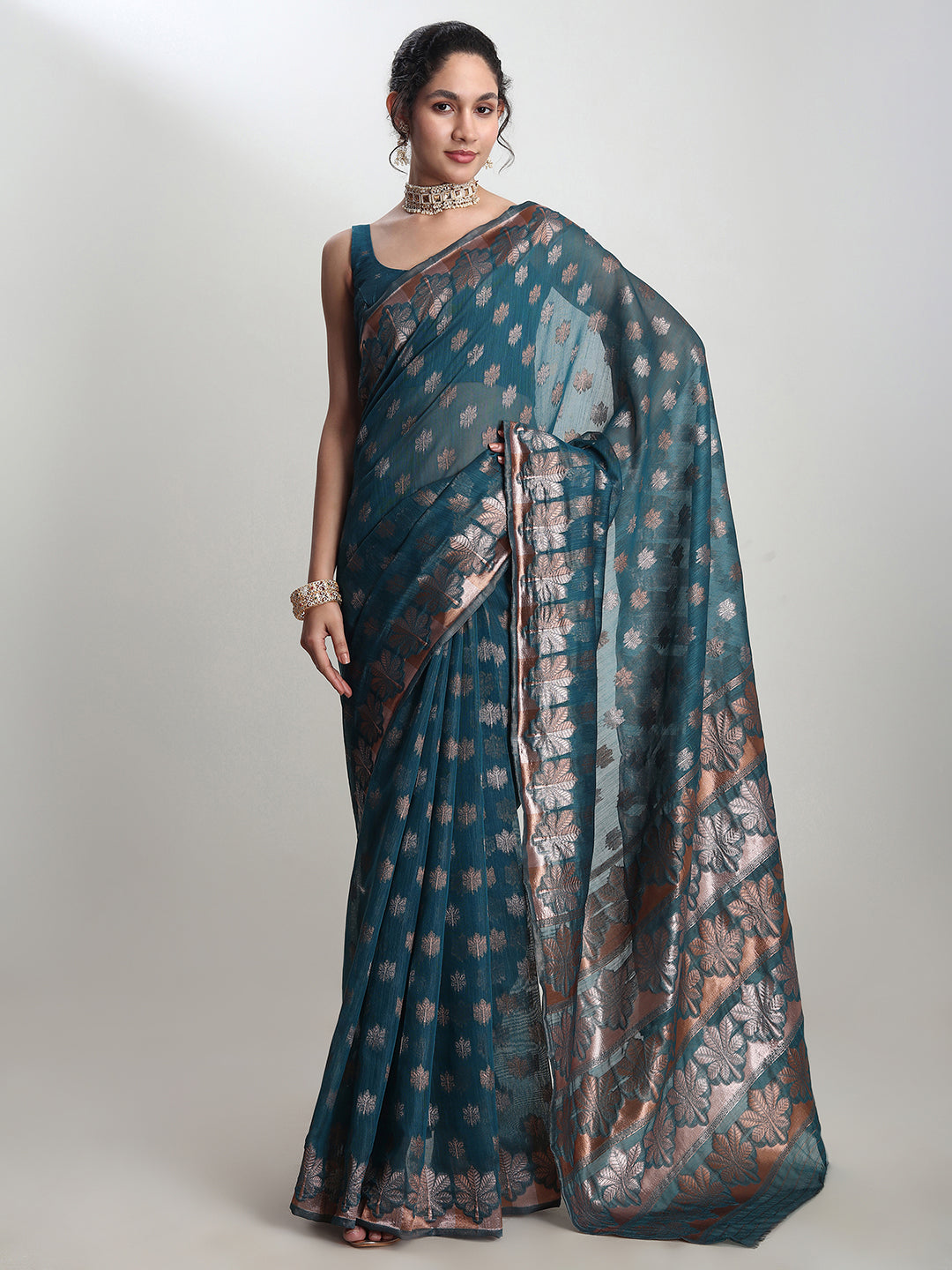 Janasya Teal Blue Linen Blend Floral Jacquard Saree | Swadesiicart