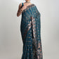 Janasya Teal Blue Linen Blend Floral Jacquard Saree | Swadesiicart