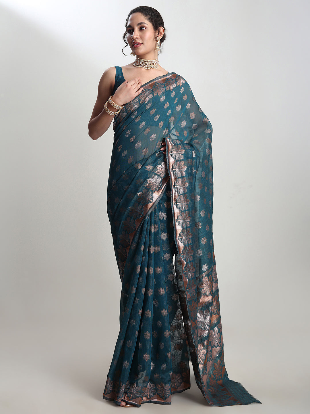 Janasya Teal Blue Linen Blend Floral Jacquard Saree | Swadesiicart