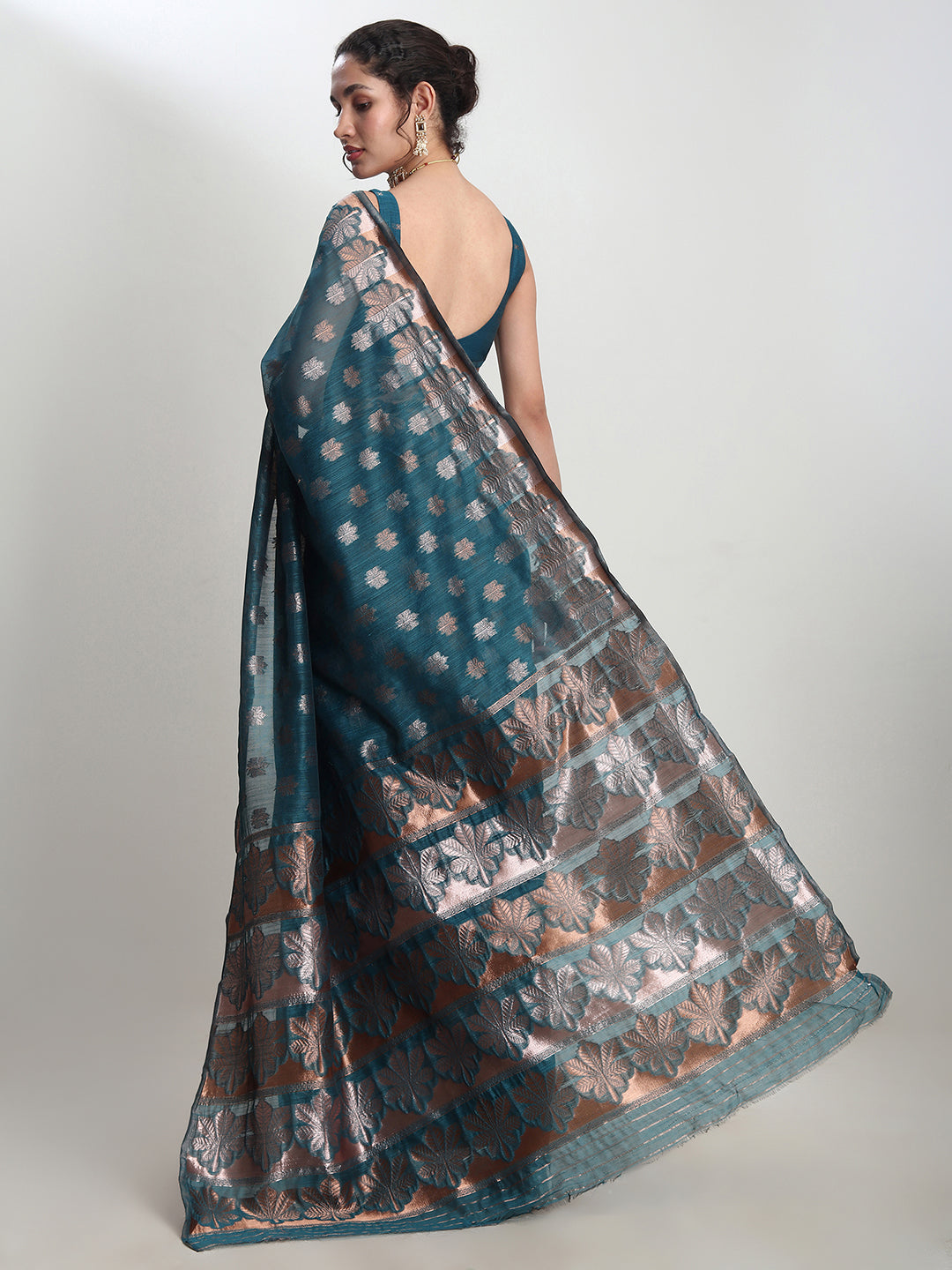 Janasya Teal Blue Linen Blend Floral Jacquard Saree | Swadesiicart