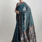 Janasya Teal Blue Linen Blend Floral Jacquard Saree | Swadesiicart