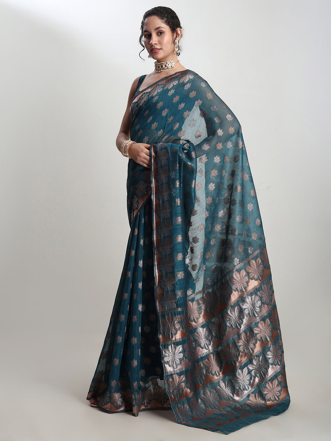 Janasya Teal Blue Linen Blend Floral Jacquard Saree | Swadesiicart