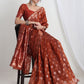 Janasya Rust Linen Blend Floral Jacquard Saree | Swadesiicart