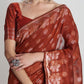 Janasya Rust Linen Blend Floral Jacquard Saree | Swadesiicart