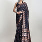Janasya Indigo Linen Blend Floral Jacquard Saree | Swadesiicart