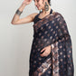 Janasya Indigo Linen Blend Floral Jacquard Saree | Swadesiicart