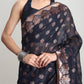 Janasya Indigo Linen Blend Floral Jacquard Saree | Swadesiicart