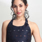Janasya Indigo Linen Blend Floral Jacquard Saree | Swadesiicart