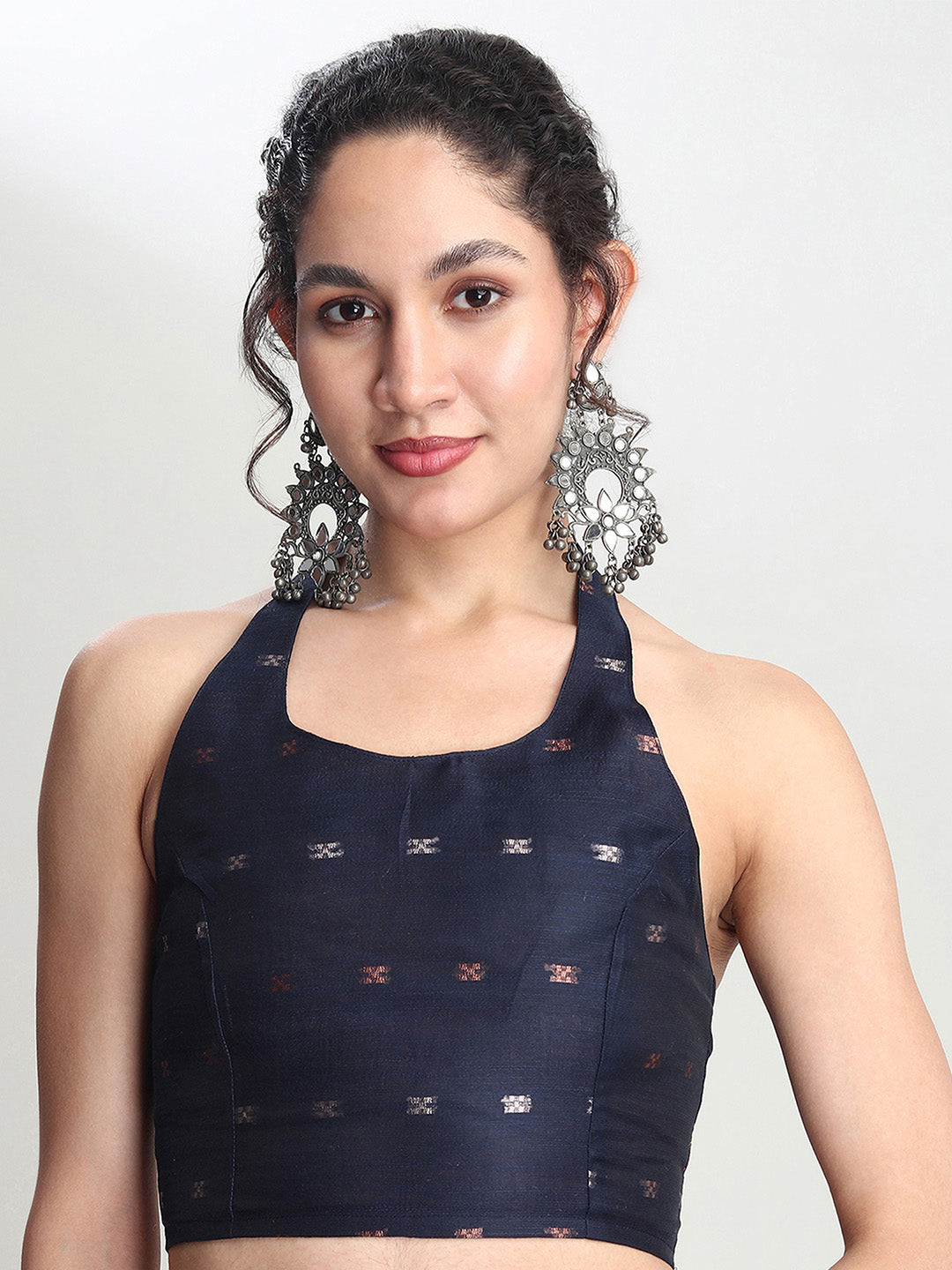 Janasya Indigo Linen Blend Floral Jacquard Saree | Swadesiicart