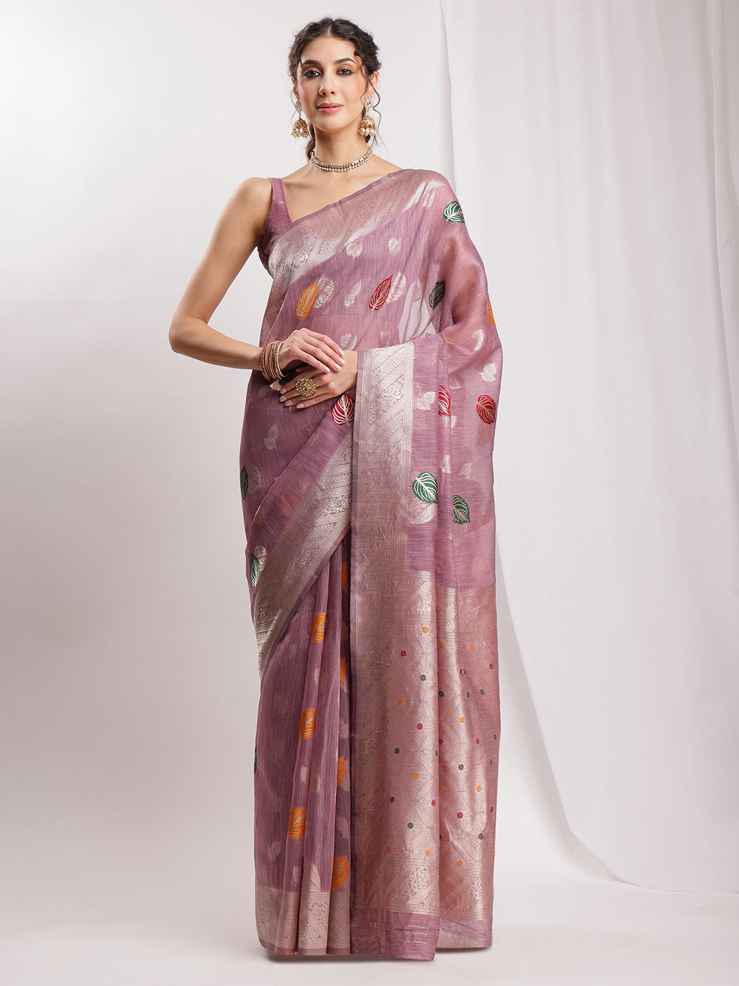 Janasya Mauve Linen Blend Floral Jacquard Saree | Swadesiicart