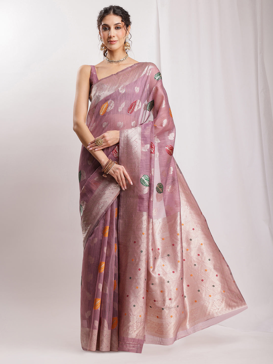 Janasya Mauve Linen Blend Floral Jacquard Saree | Swadesiicart