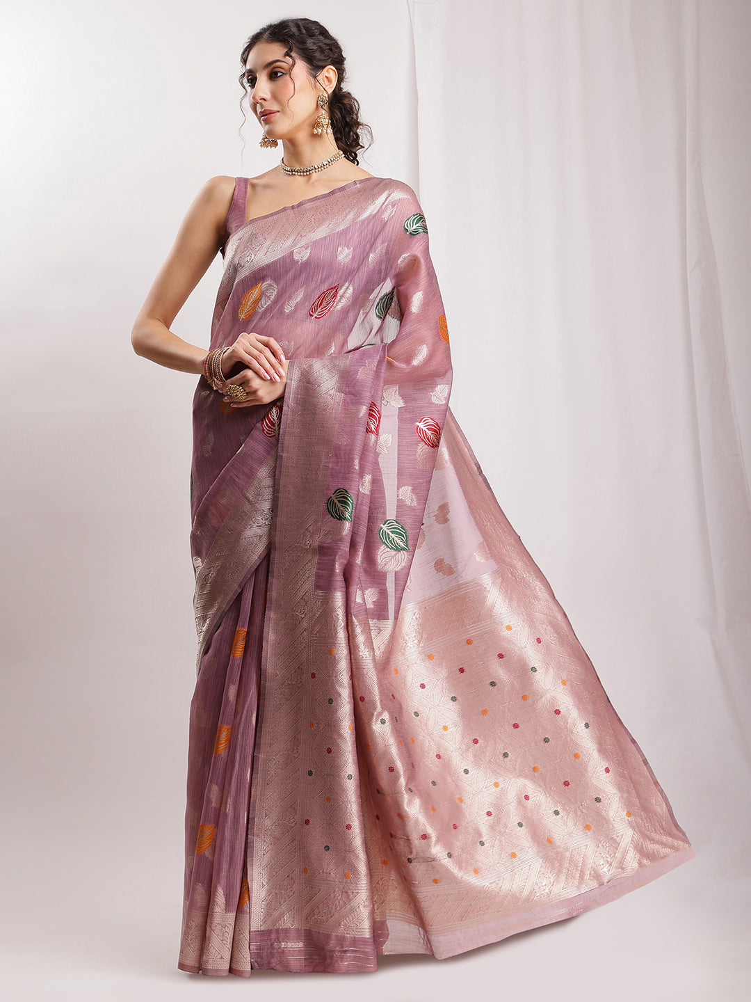 Janasya Mauve Linen Blend Floral Jacquard Saree | Swadesiicart