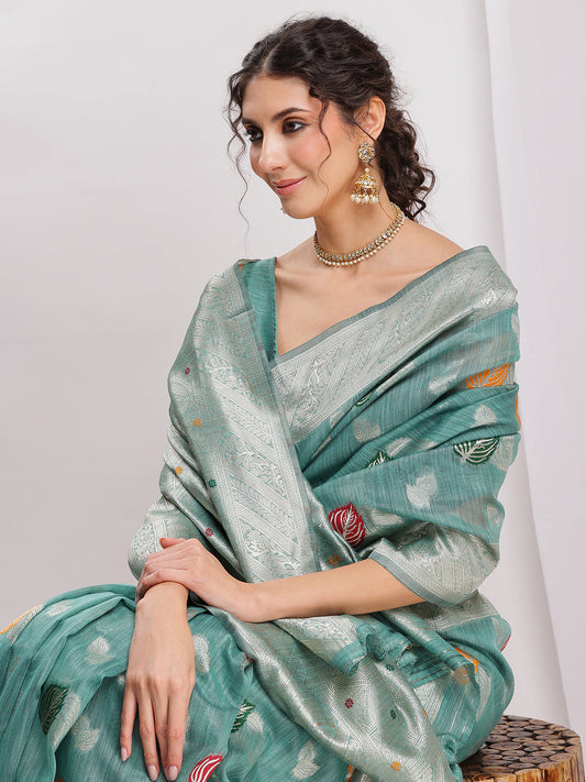 Janasya Sea Green Linen Blend Floral Jacquard Saree | Swadesiicart