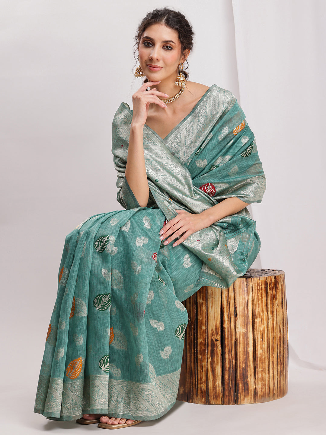 Janasya Sea Green Linen Blend Floral Jacquard Saree | Swadesiicart