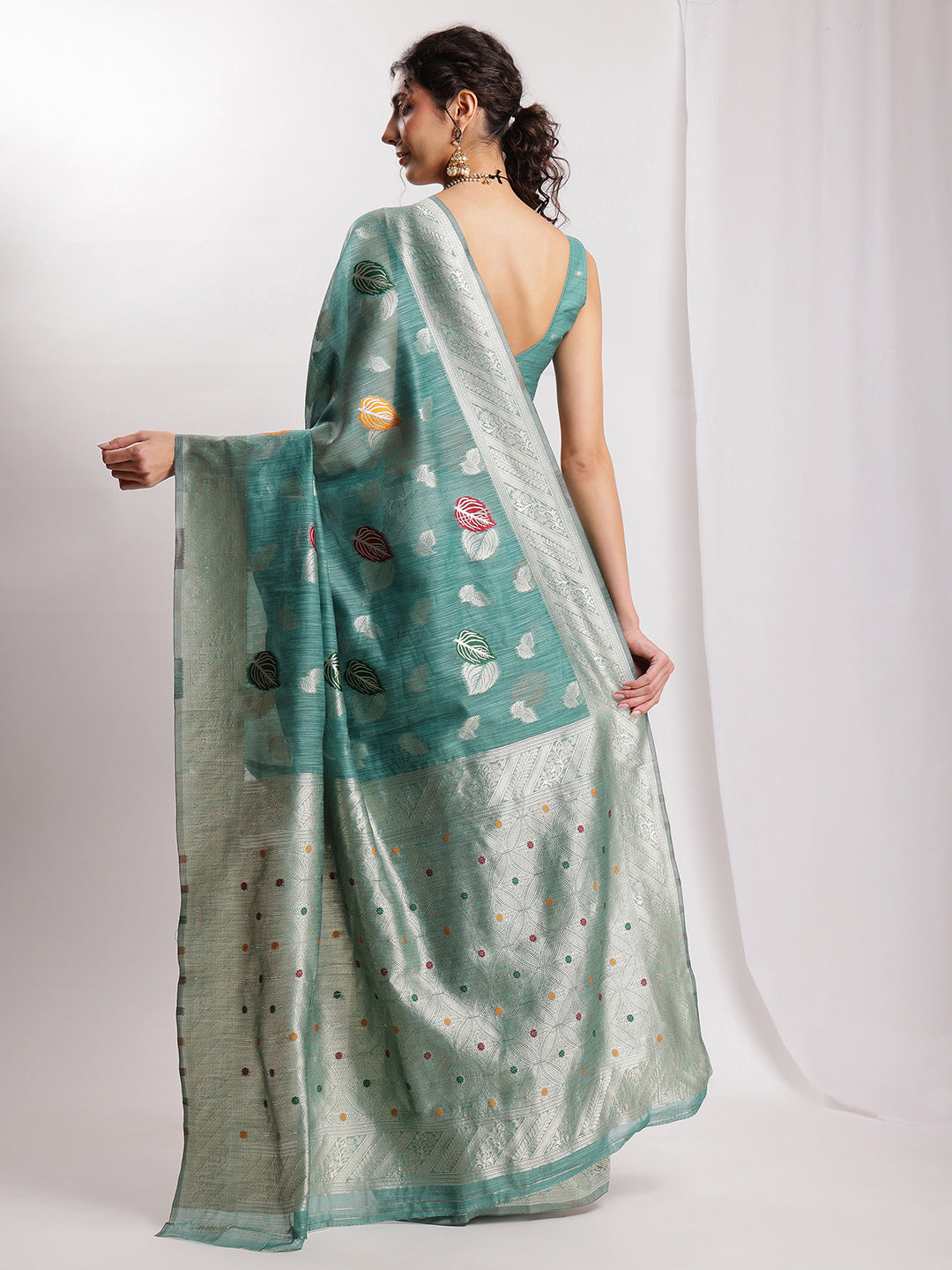 Janasya Sea Green Linen Blend Floral Jacquard Saree | Swadesiicart