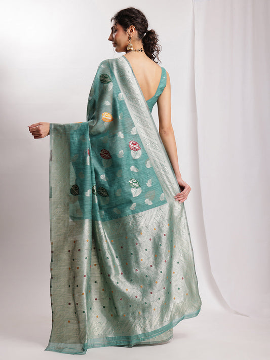 Janasya Sea Green Linen Blend Floral Jacquard Saree | Swadesiicart
