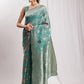 Janasya Sea Green Linen Blend Floral Jacquard Saree | Swadesiicart