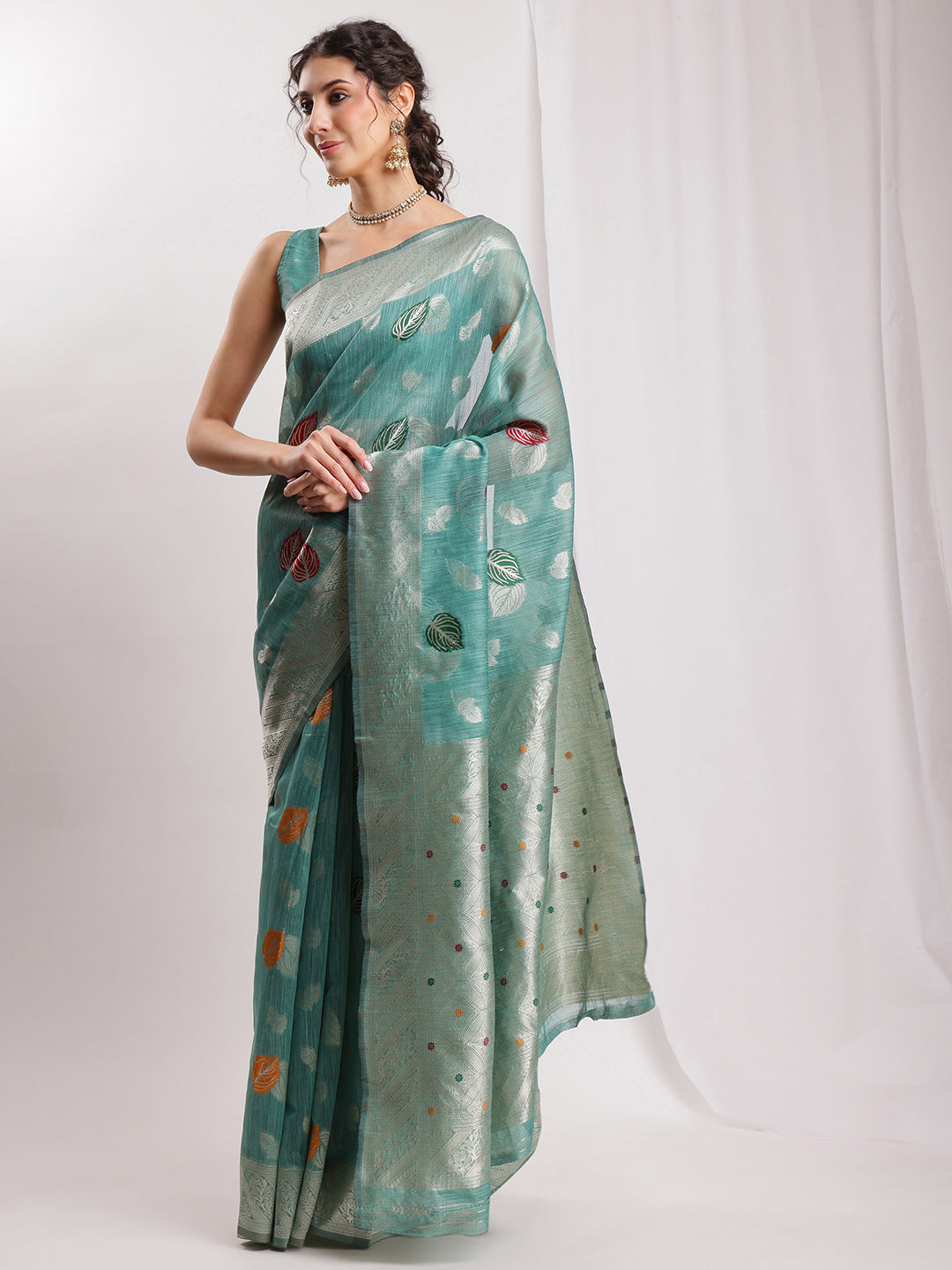 Janasya Sea Green Linen Blend Floral Jacquard Saree | Swadesiicart