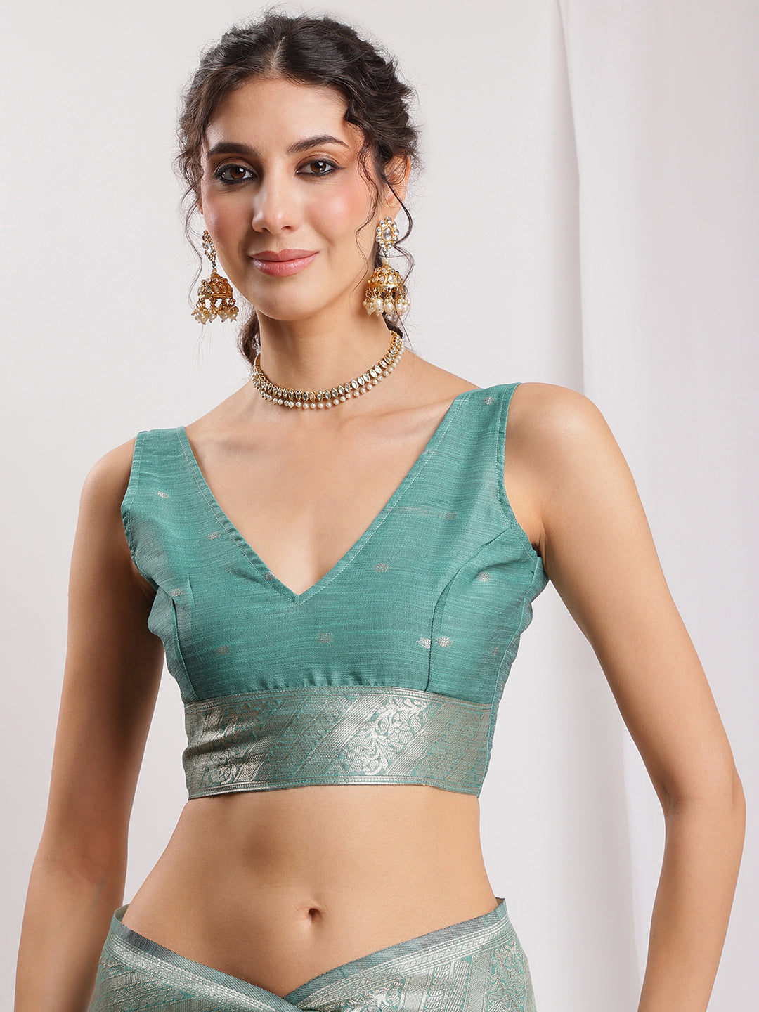 Janasya Sea Green Linen Blend Floral Jacquard Saree | Swadesiicart