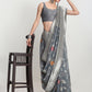 Janasya Grey Linen Blend Floral Jacquard Saree | Swadesiicart