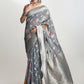 Janasya Grey Linen Blend Floral Jacquard Saree | Swadesiicart