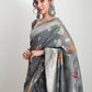 Janasya Grey Linen Blend Floral Jacquard Saree | Swadesiicart