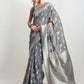Janasya Grey Linen Blend Floral Jacquard Saree | Swadesiicart